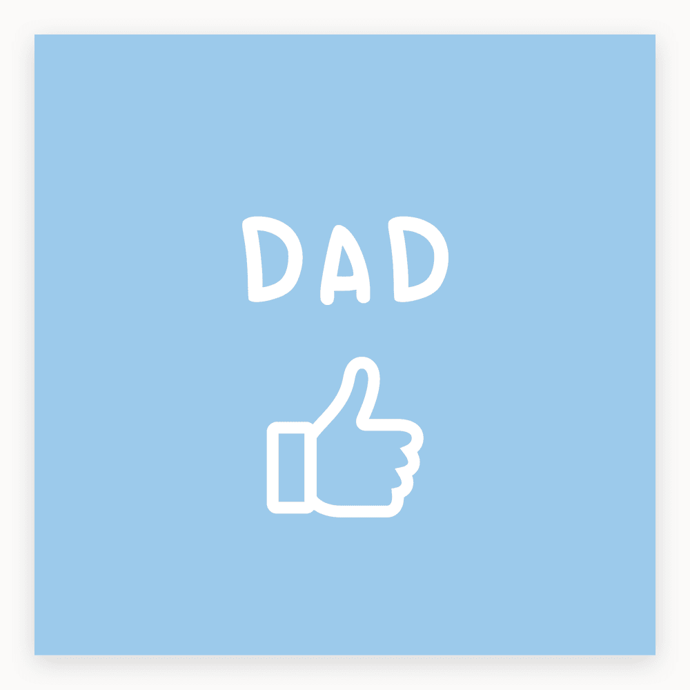 The card lying flat. Light blue card with 'DAD' and a thumbs up illustration, minimalist design.